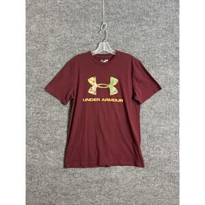 Under Armour Mens T Shirt Size Medium Maroon Camo Logo Heat Gear Loose Fit